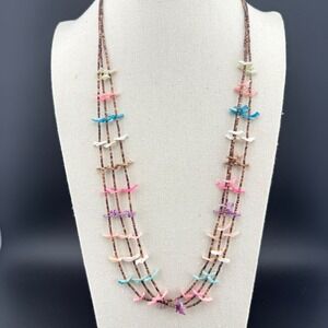 Native Multi Strand Heishi Bead Necklace Mother of Pearl Bird Charms Multi Color